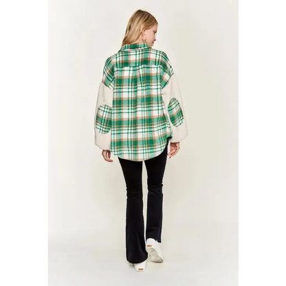 Multi Plaid Fuzzy Sleeve Jacket.