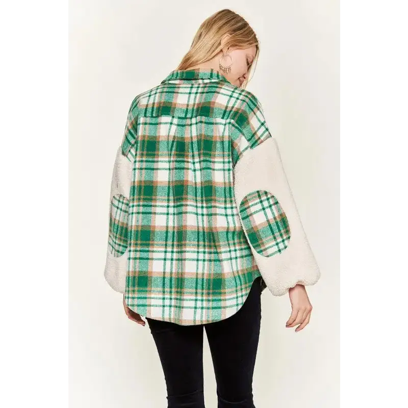 Multi Plaid Fuzzy Sleeve Jacket.