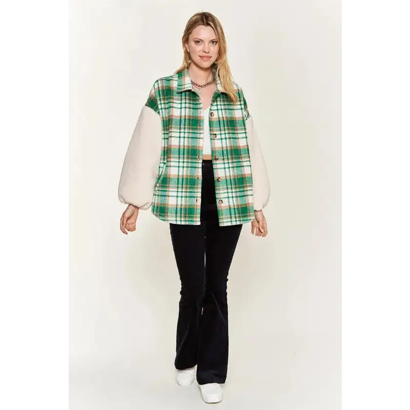 Multi Plaid Fuzzy Sleeve Jacket.