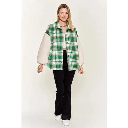 Multi Plaid Fuzzy Sleeve Jacket.