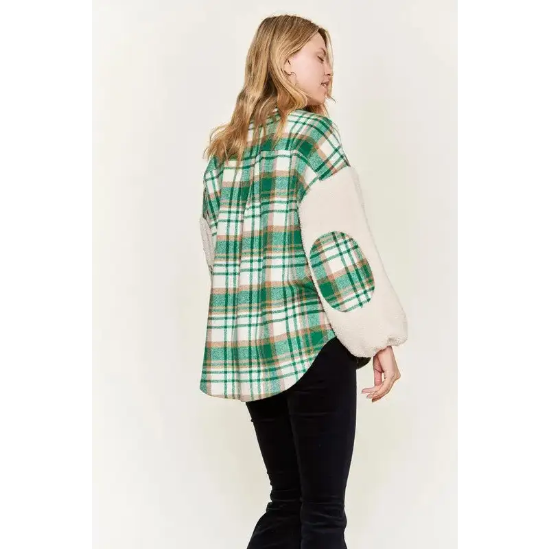 Multi Plaid Fuzzy Sleeve Jacket.