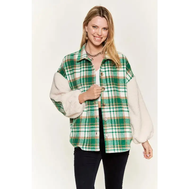 Multi Plaid Fuzzy Sleeve Jacket.