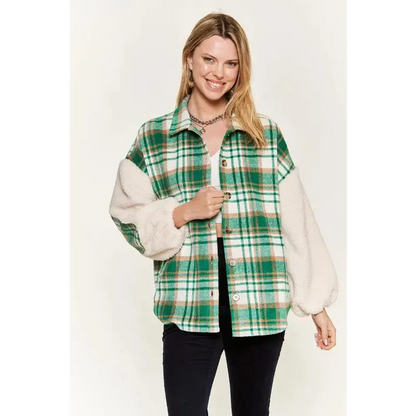 Multi Plaid Fuzzy Sleeve Jacket.