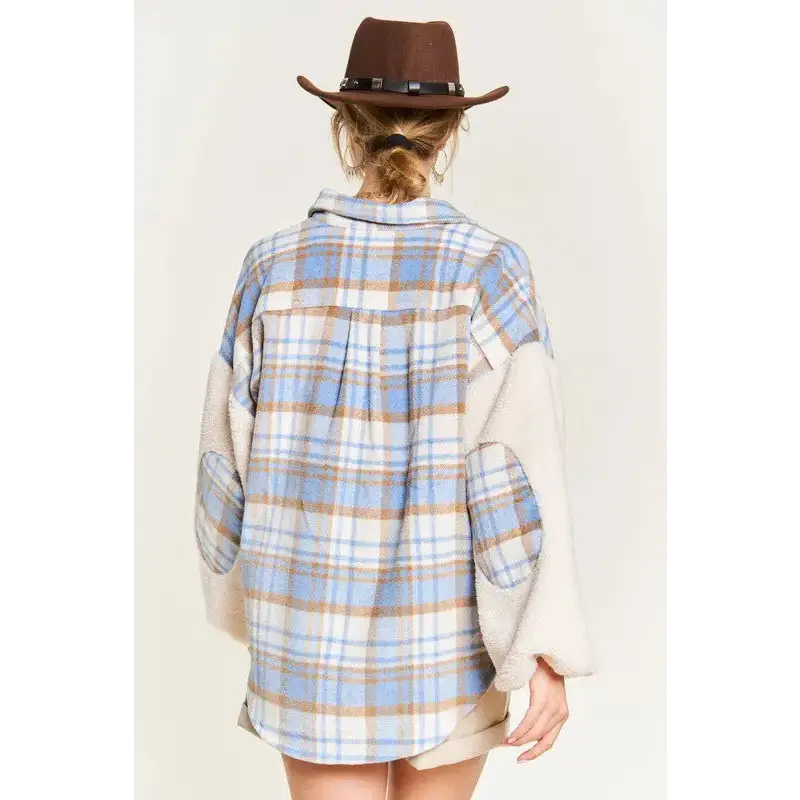 Multi Plaid Fuzzy Sleeve Jacket.