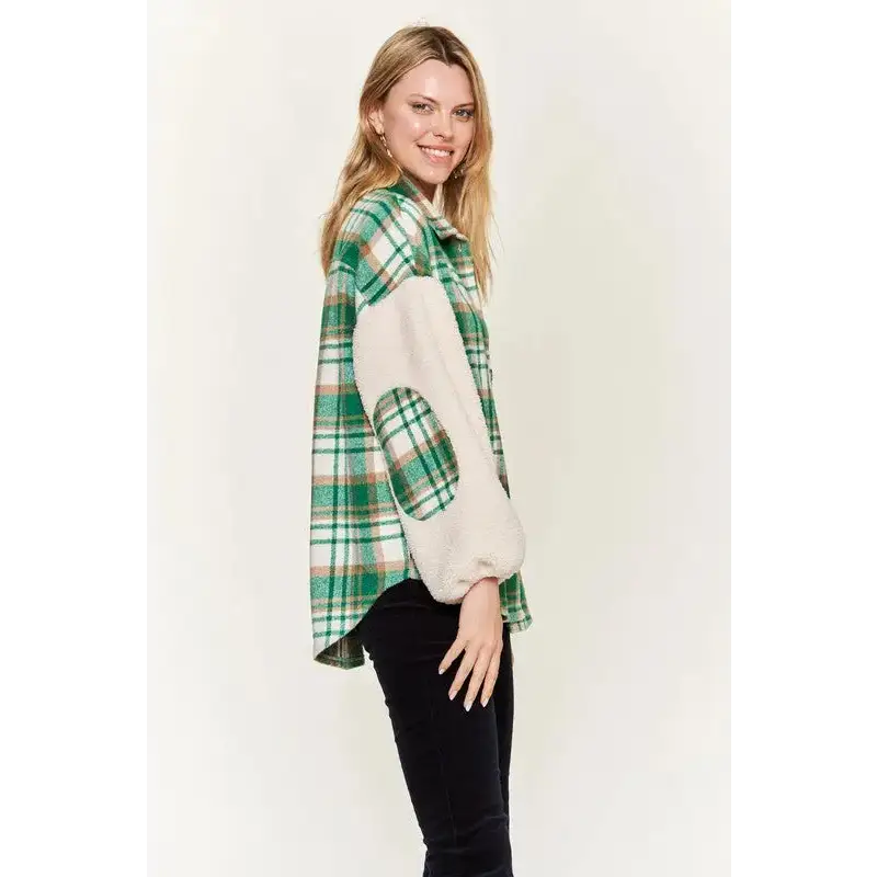 Multi Plaid Fuzzy Sleeve Jacket.