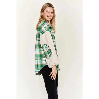 Multi Plaid Fuzzy Sleeve Jacket.