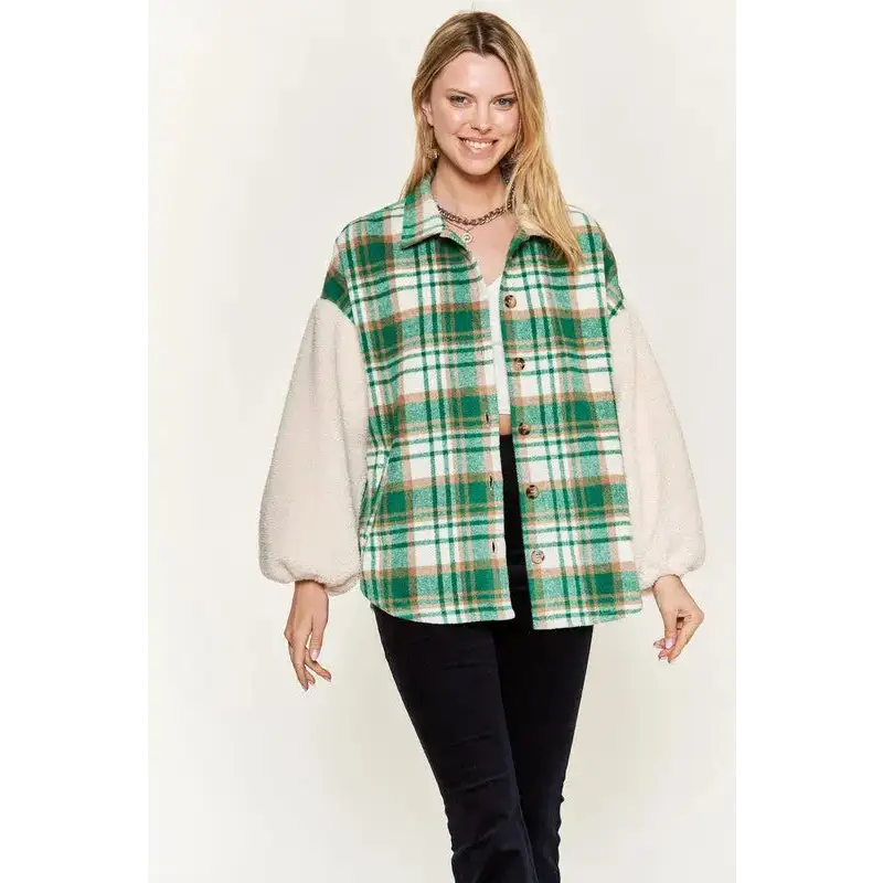 Multi Plaid Fuzzy Sleeve Jacket.