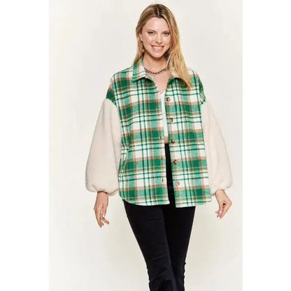Multi Plaid Fuzzy Sleeve Jacket.