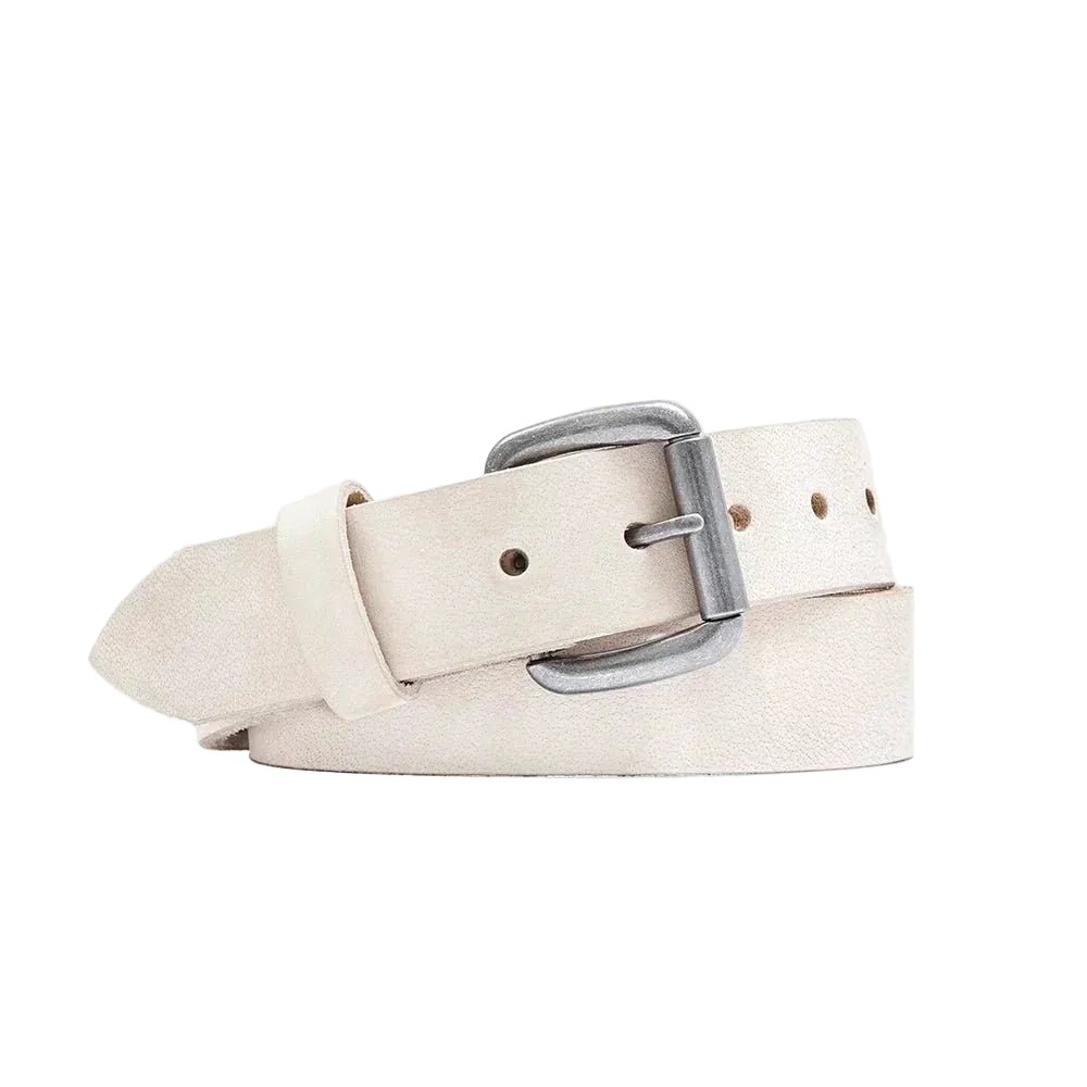 A light beige leather belt with a silver-toned metal buckle, shown coiled on a clean white background.