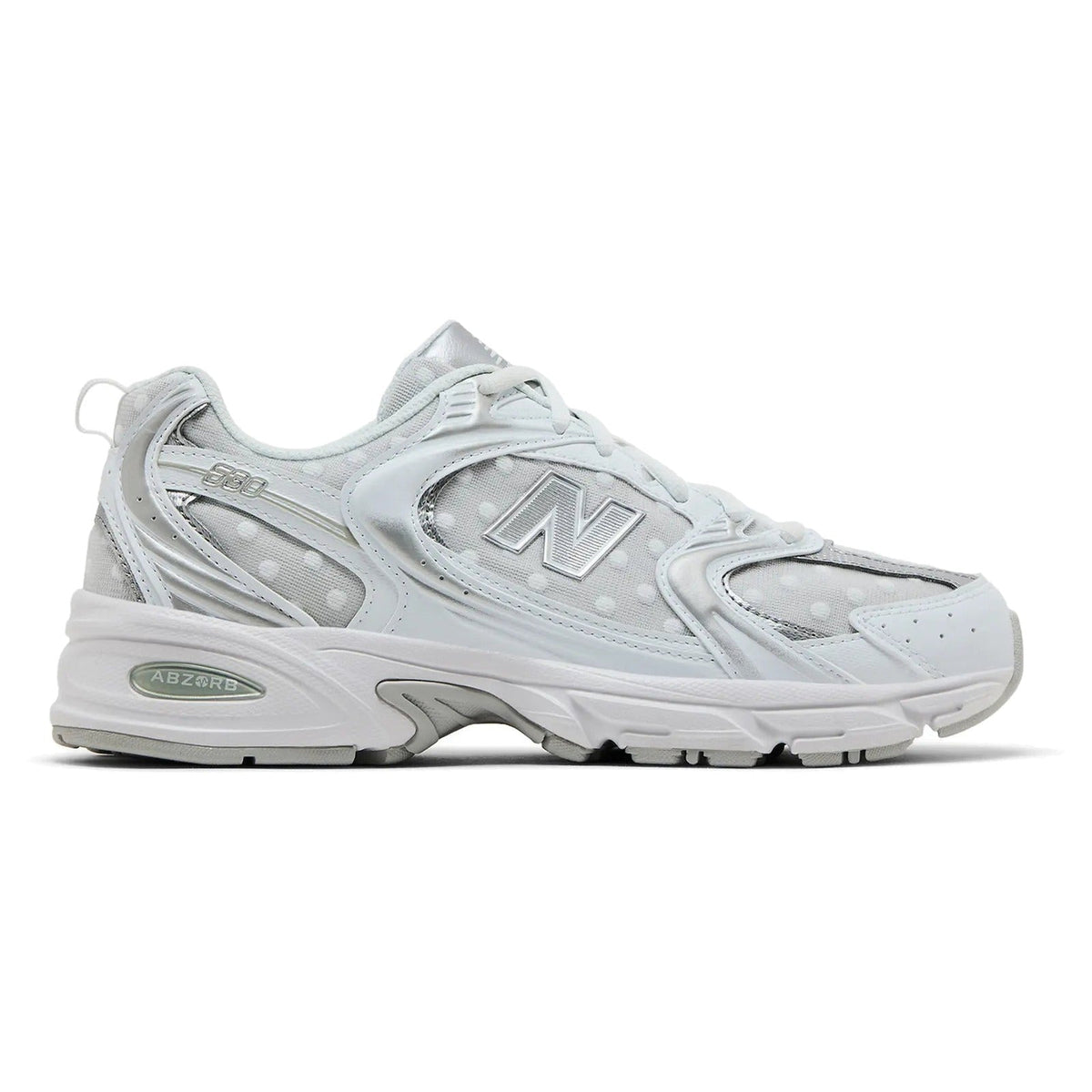 New Balance 530 sneakers in White Silver Metallic with polka dots