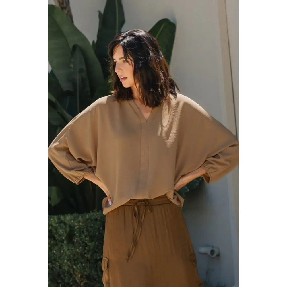 Notched Batwing Sleeve Blouse.