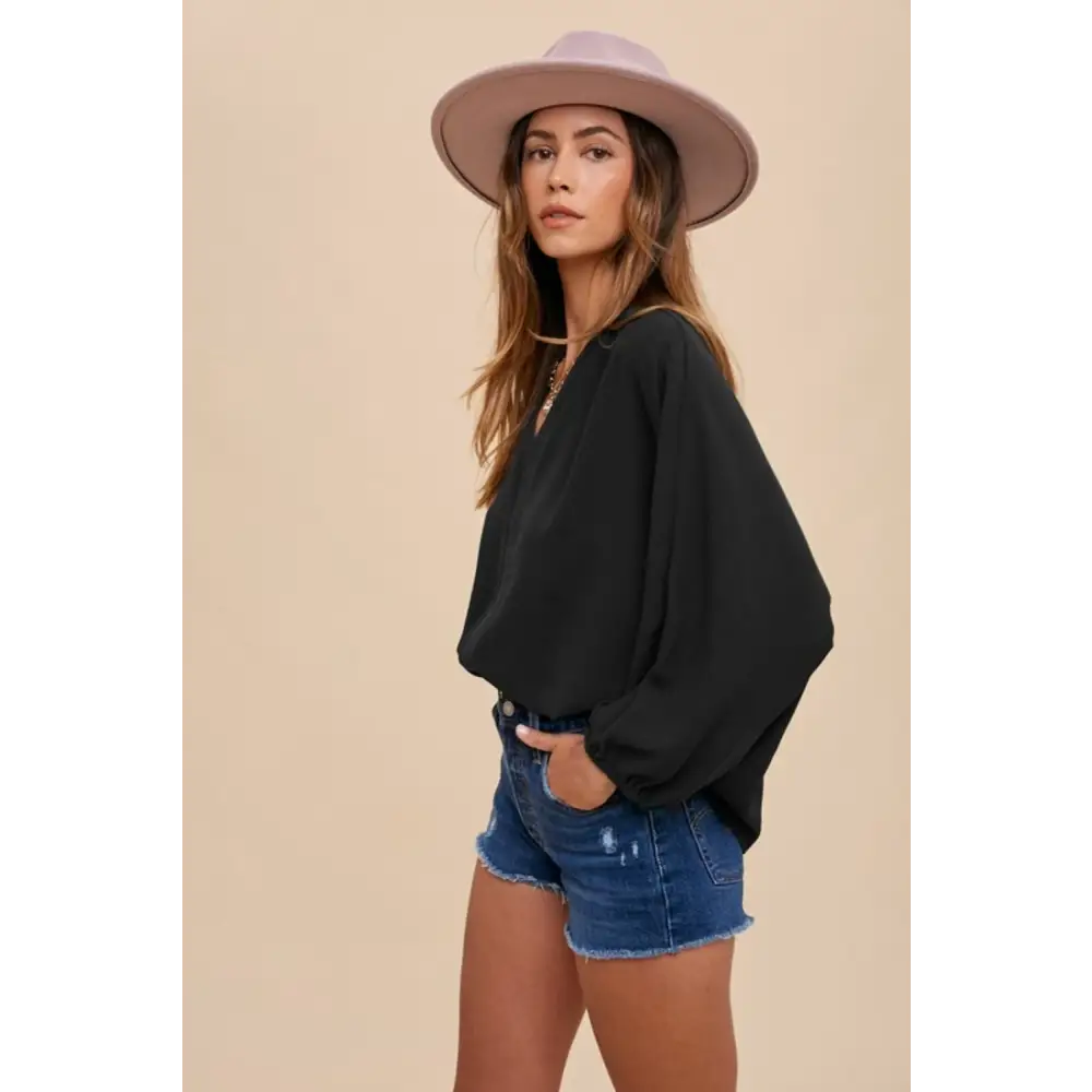 Notched Batwing Sleeve Blouse.