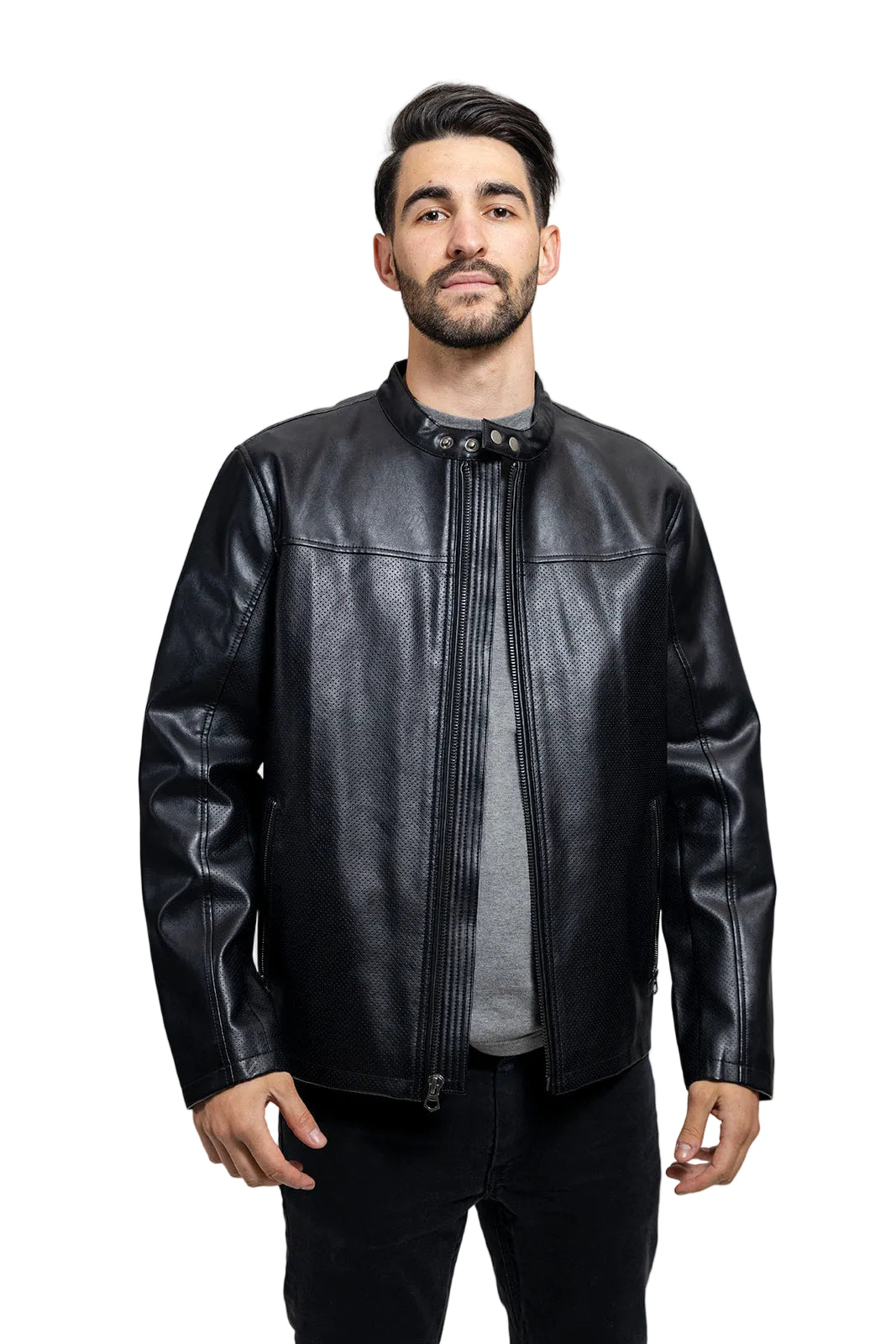 Man wearing a black leather jacket against a gray background