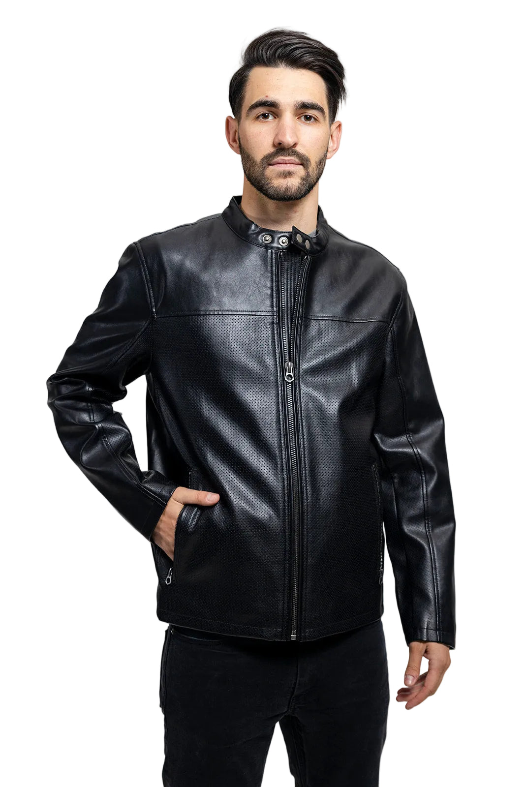 Man wearing a black leather jacket on a gray background