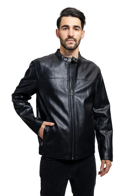 Man wearing a black leather jacket on a gray background