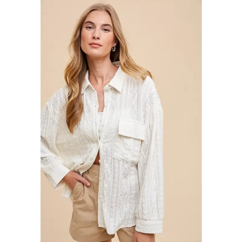 Openwork Button Down Drop Shoulder Shirt.
