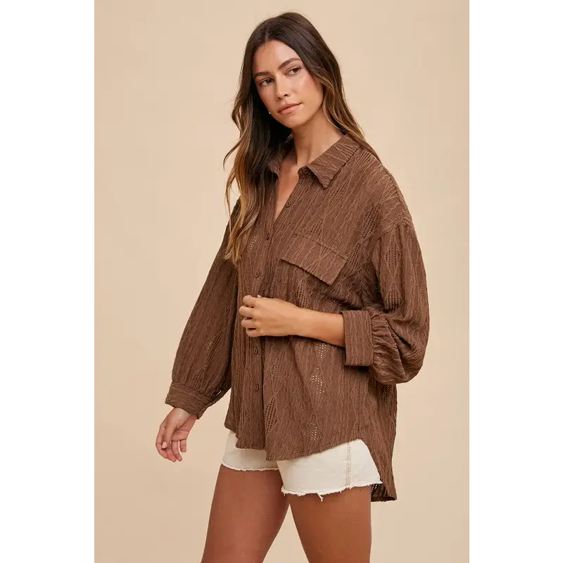 Openwork Button Down Drop Shoulder Shirt.