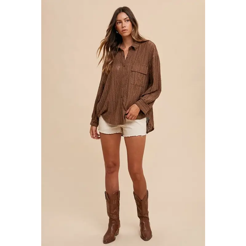 Openwork Button Down Drop Shoulder Shirt.