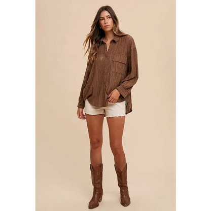 Openwork Button Down Drop Shoulder Shirt.