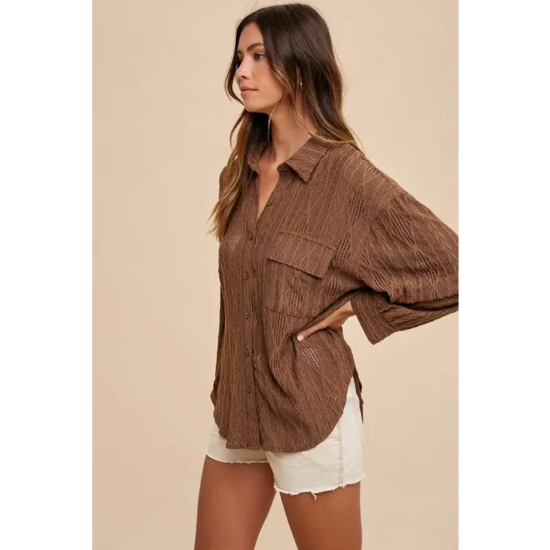 Openwork Button Down Drop Shoulder Shirt.