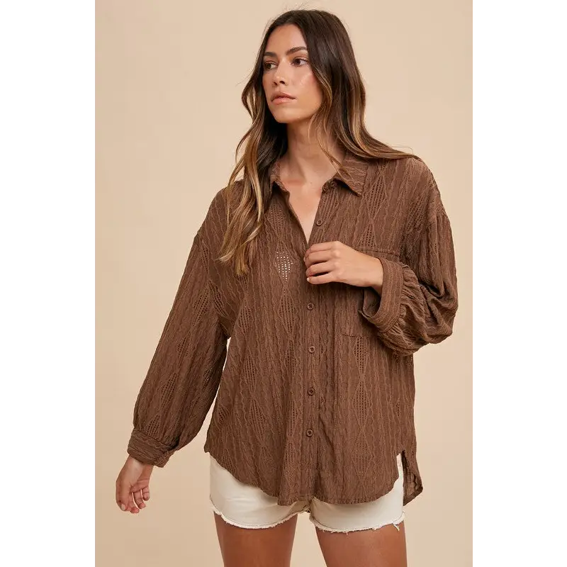 Openwork Button Down Drop Shoulder Shirt.