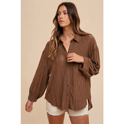 Openwork Button Down Drop Shoulder Shirt.
