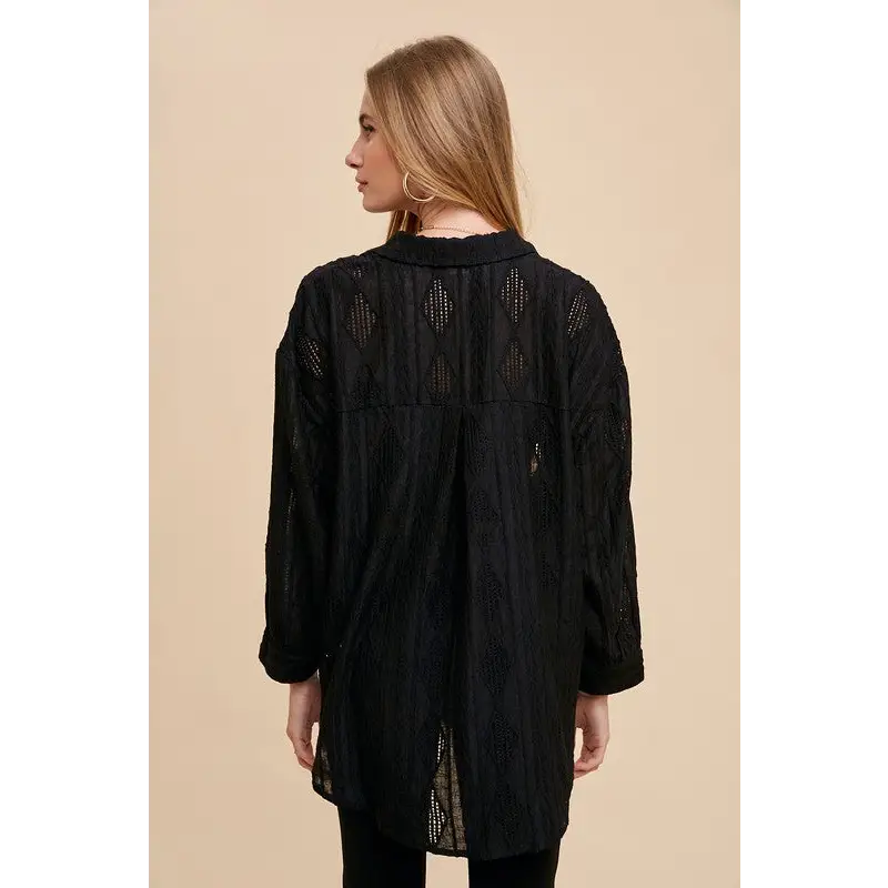 Openwork Button Down Drop Shoulder Shirt.