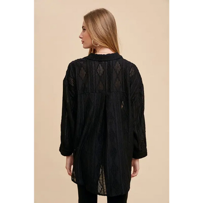 Openwork Button Down Drop Shoulder Shirt.