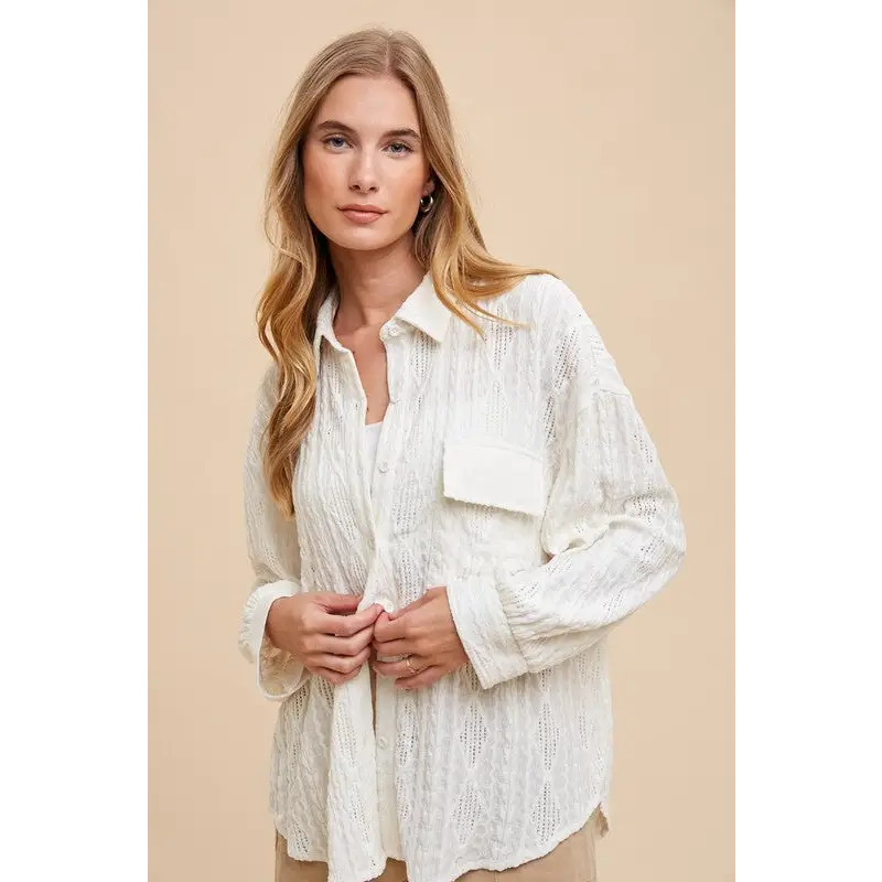Openwork Button Down Drop Shoulder Shirt.