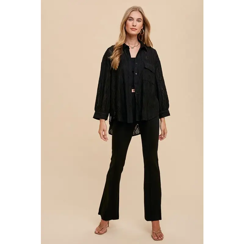 Openwork Button Down Drop Shoulder Shirt.