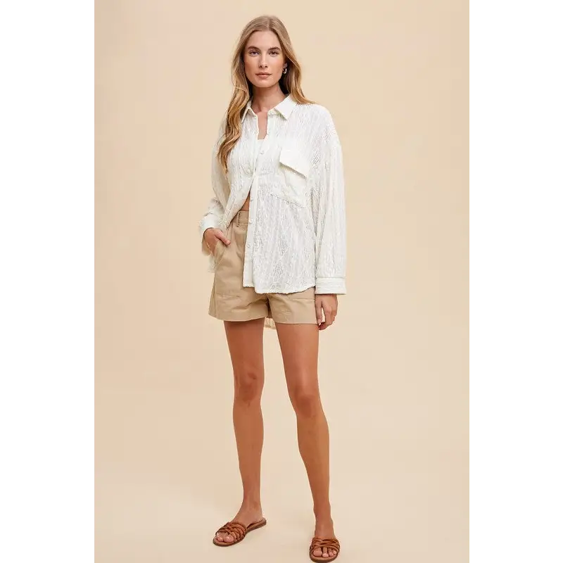 Openwork Button Down Drop Shoulder Shirt.