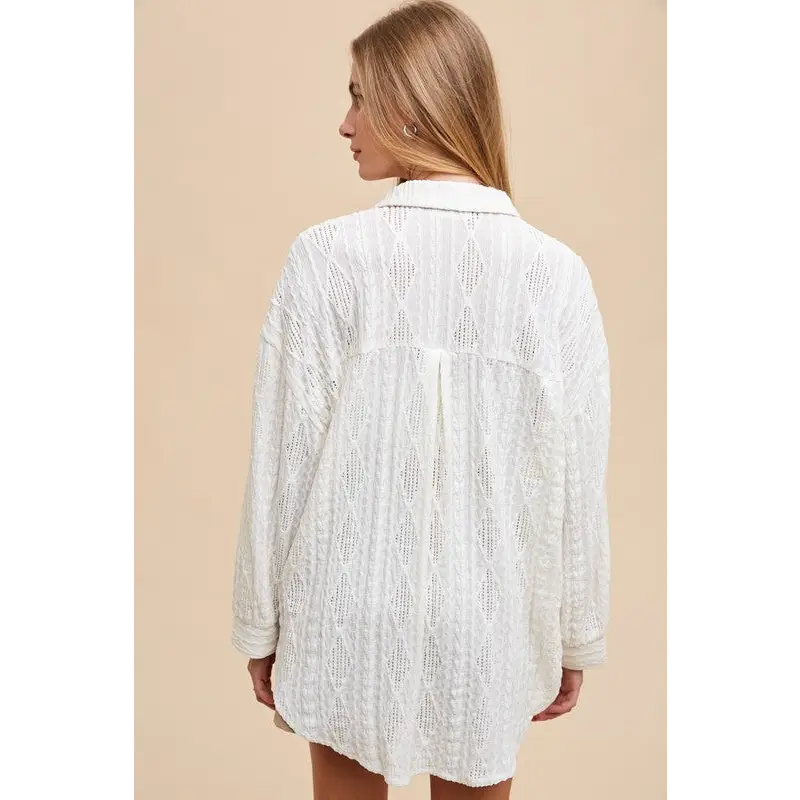 Openwork Button Down Drop Shoulder Shirt.