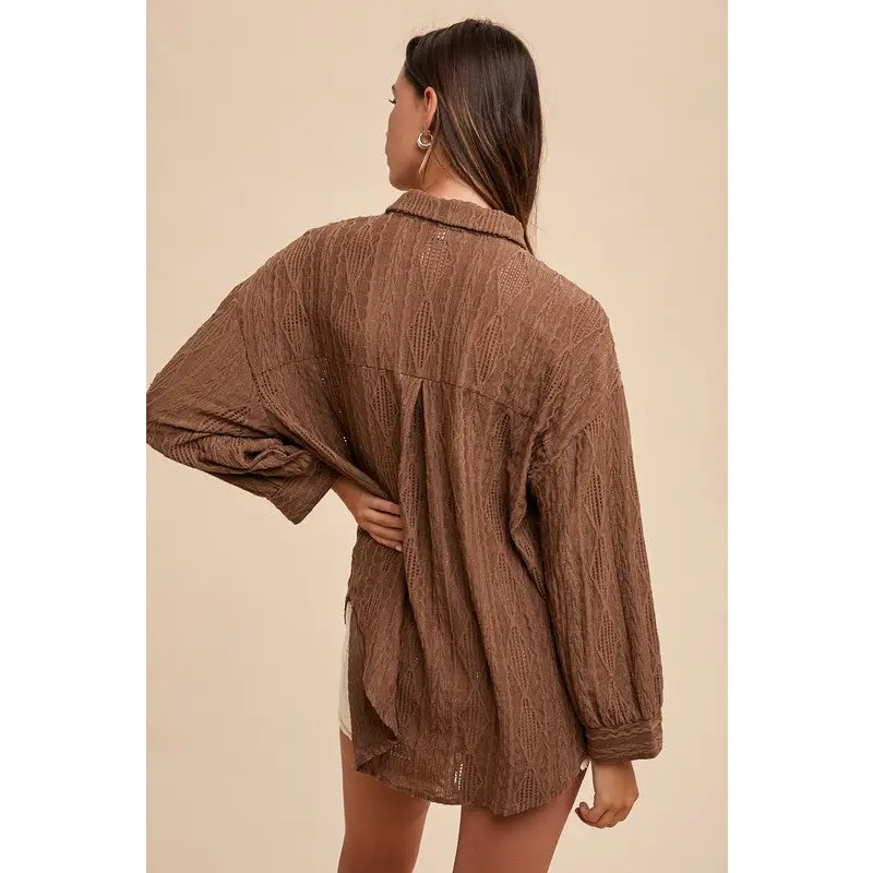 Openwork Button Down Drop Shoulder Shirt.