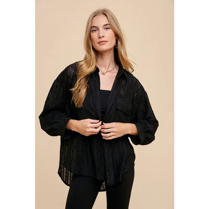 Openwork Button Down Drop Shoulder Shirt.