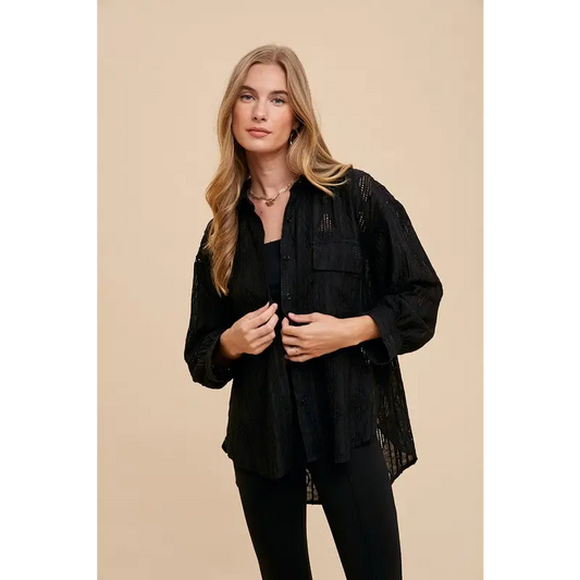 Openwork Button Down Drop Shoulder Shirt.