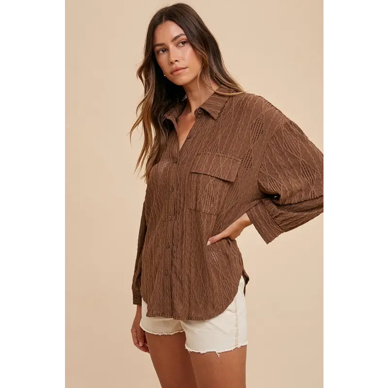 Openwork Button Down Drop Shoulder Shirt.