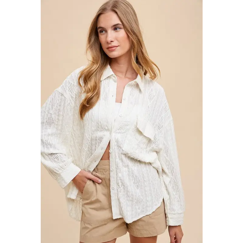 Openwork Button Down Drop Shoulder Shirt.