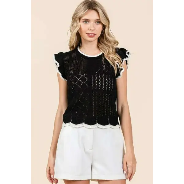 Openwork Contrast Trim Ruffled Cap Sleeve Knit Top.