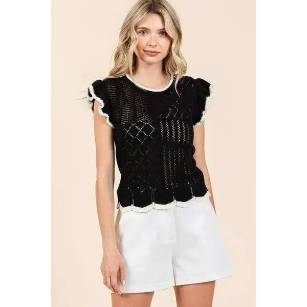 Openwork Contrast Trim Ruffled Cap Sleeve Knit Top.