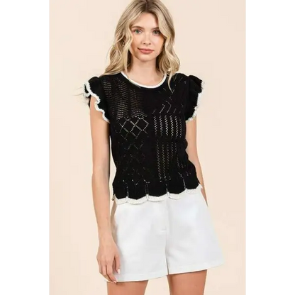 Openwork Contrast Trim Ruffled Cap Sleeve Knit Top.