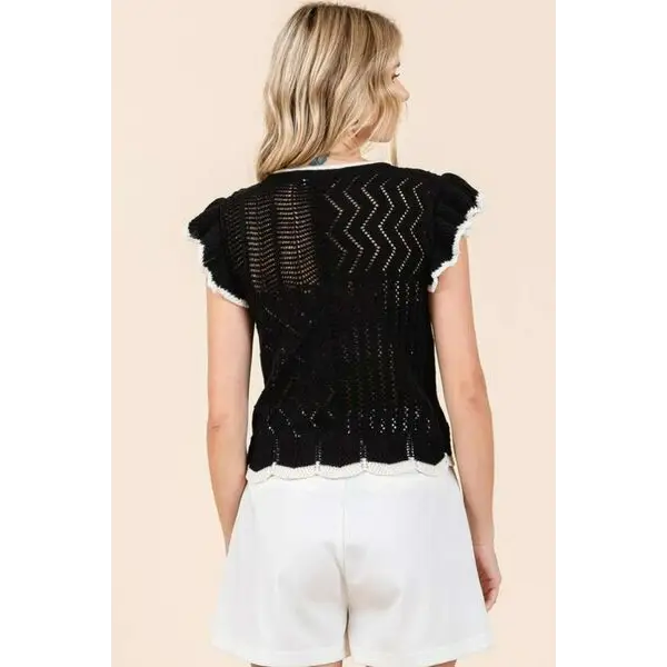 Openwork Contrast Trim Ruffled Cap Sleeve Knit Top.