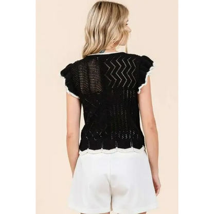 Openwork Contrast Trim Ruffled Cap Sleeve Knit Top.