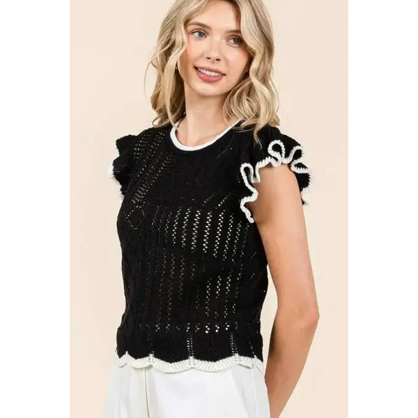 Openwork Contrast Trim Ruffled Cap Sleeve Knit Top.