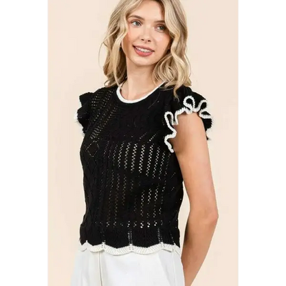 Openwork Contrast Trim Ruffled Cap Sleeve Knit Top.