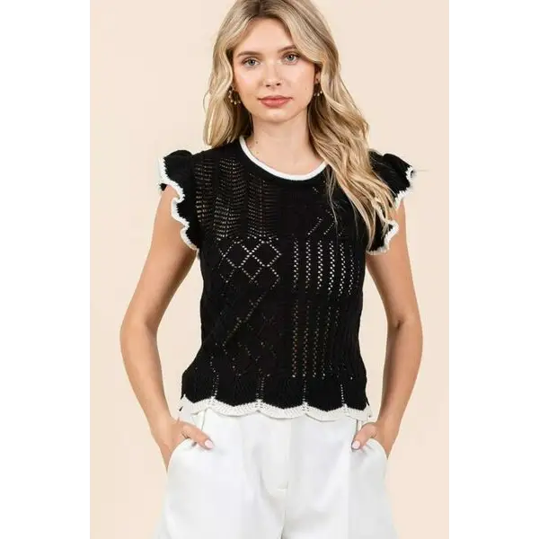 Openwork Contrast Trim Ruffled Cap Sleeve Knit Top.