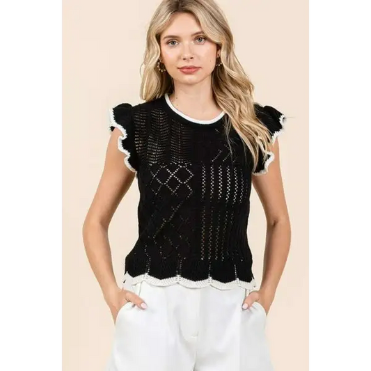 Openwork Contrast Trim Ruffled Cap Sleeve Knit Top.