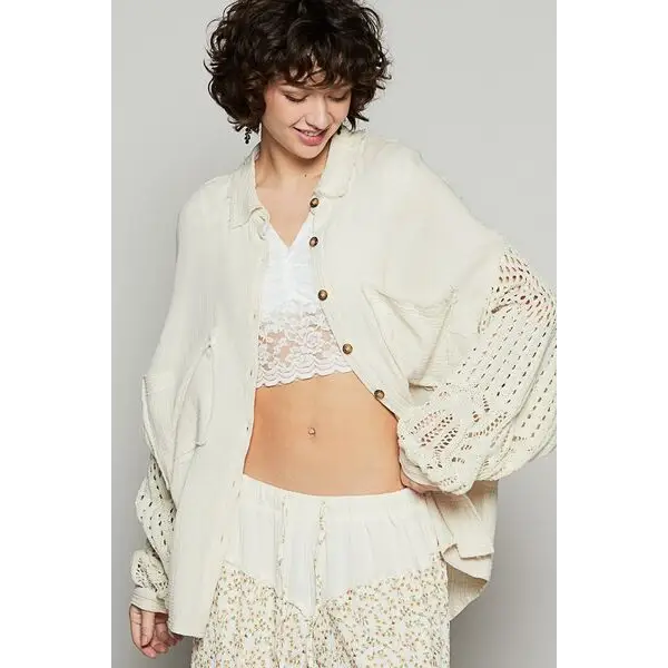 Openwork Lantern Sleeve Button Down Gauze Shirt.