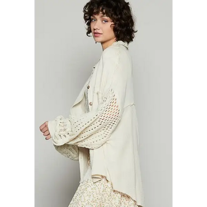 Openwork Lantern Sleeve Button Down Gauze Shirt.