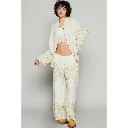 Openwork Lantern Sleeve Button Down Gauze Shirt.