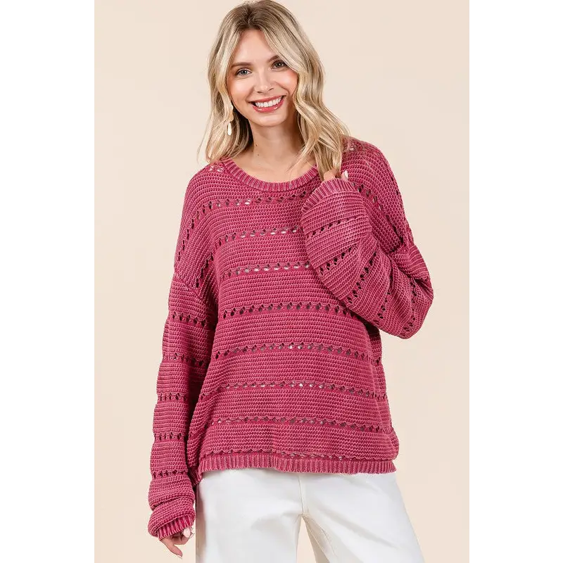 Openwork Round Neck Drop Shoulder Sweater.